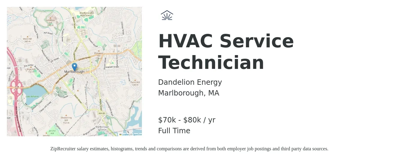 Dandelion Energy job posting for a HVAC Service Technician in Marlborough, MA with a salary of $70,000 to $80,000 Yearly with a map of Marlborough location.