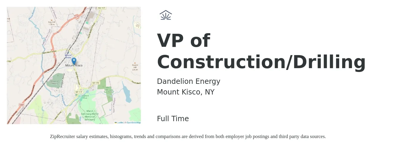 Dandelion Energy job posting for a VP of Construction/Drilling in Mount Kisco, NY with a salary of $122,700 to $202,700 Yearly with a map of Mount Kisco location.
