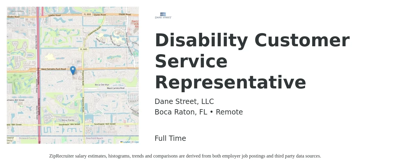 Dane Street, LLC job posting for a Disability Customer Service Representative in Boca Raton, FL with a salary of $15 to $21 Hourly with a map of Boca Raton location.