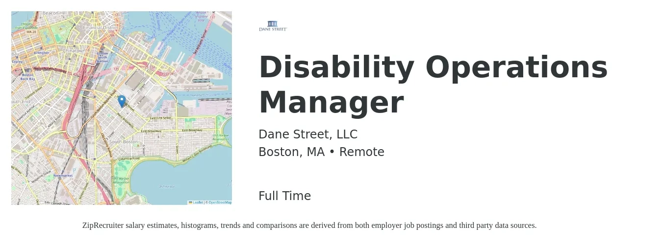 Dane Street, LLC job posting for a Disability Operations Manager in Boston, MA with a salary of $44,500 to $84,200 Yearly with a map of Boston location.