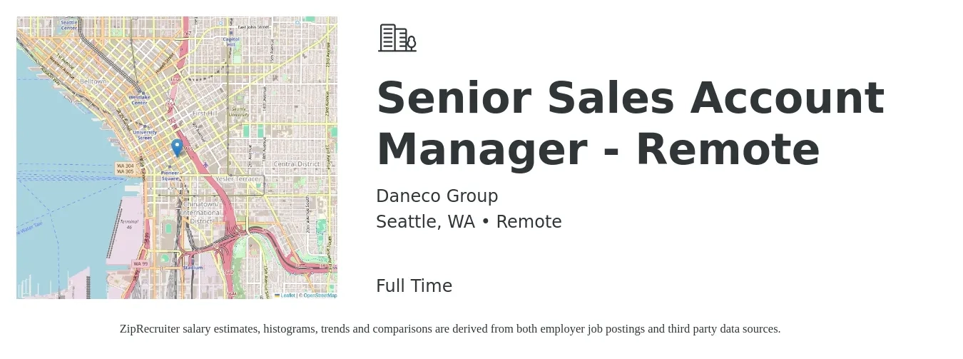 Daneco Group job posting for a Senior Sales Account Manager - Remote in Seattle, WA with a salary of $88,200 to $138,800 Yearly with a map of Seattle location.