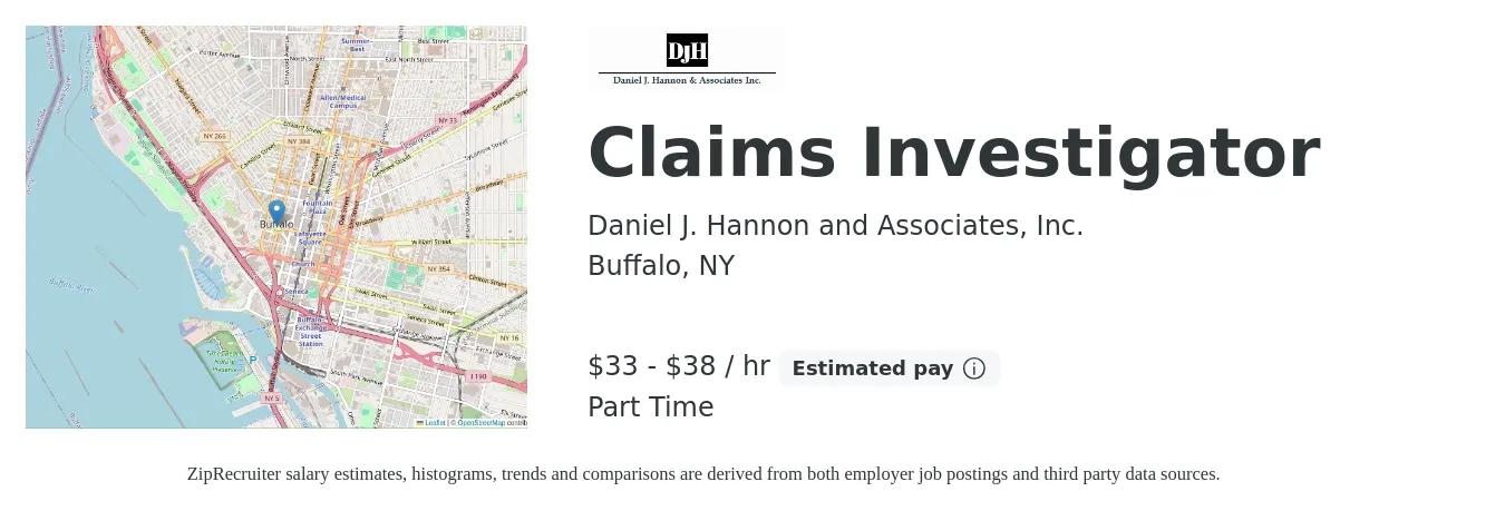 Daniel J. Hannon and Associates, Inc. job posting for a Claims Investigator in Buffalo, NY with a salary of $35 to $40 Hourly and benefits including retirement with a map of Buffalo location.