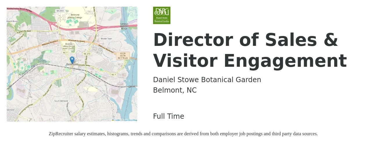 Daniel Stowe Botanical Garden job posting for a Director of Sales & Visitor Engagement in Belmont, NC with a salary of $55,100 to $101,000 Yearly with a map of Belmont location.