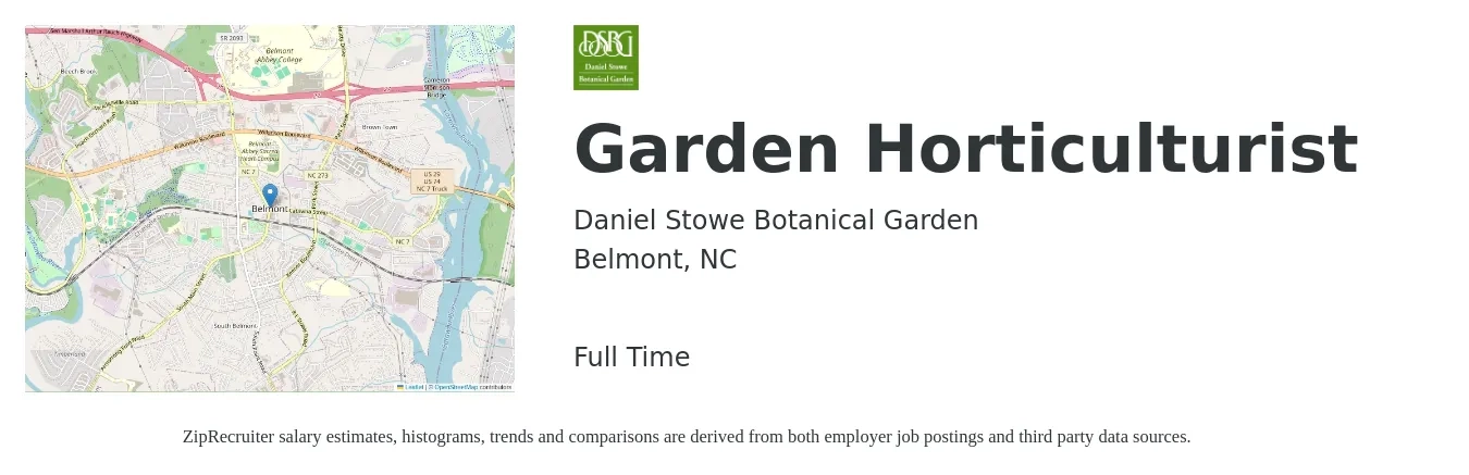 Daniel Stowe Botanical Garden job posting for a Garden Horticulturist in Belmont, NC with a salary of $16 to $17 Hourly with a map of Belmont location.