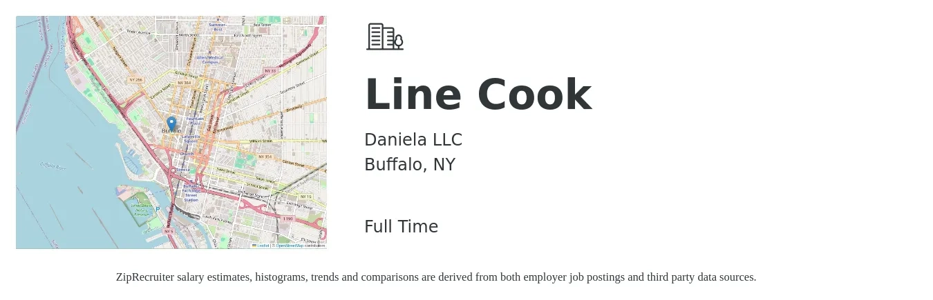 Daniela LLC job posting for a Line Cook in Buffalo, NY with a salary of $15 to $19 Hourly with a map of Buffalo location.