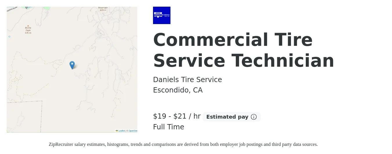 Daniels Tire Service job posting for a Commercial Tire Service Technician in Escondido, CA with a salary of $20 to $22 Hourly with a map of Escondido location.