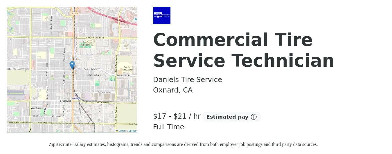 Daniels Tire Service job posting for a Commercial Tire Service Technician in Oxnard, CA with a salary of $18 to $22 Hourly with a map of Oxnard location.