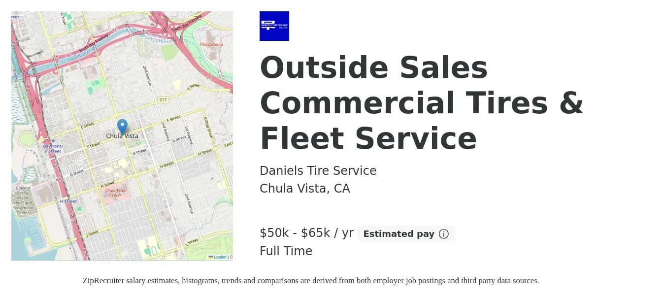 Daniels Tire Service job posting for a Outside Sales Commercial Tires & Fleet Service in Chula Vista, CA with a salary of $50,000 to $65,000 Yearly with a map of Chula Vista location.