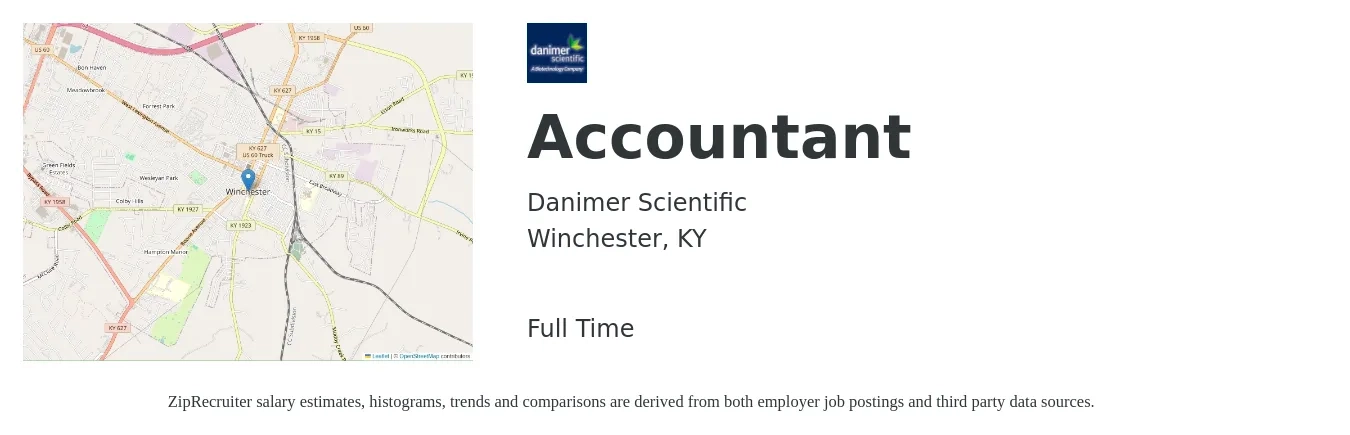 Danimer Scientific job posting for a Accountant in Winchester, KY with a salary of $46,200 to $67,800 Yearly with a map of Winchester location.