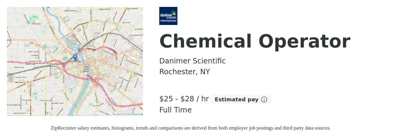 Danimer Scientific job posting for a Chemical Operator in Rochester, NY with a salary of $26 to $30 Hourly with a map of Rochester location.