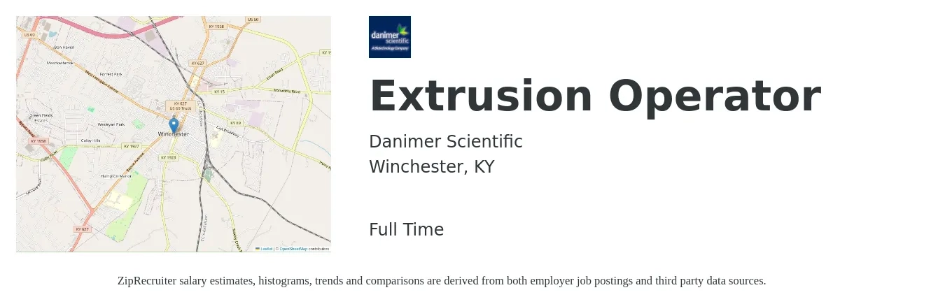 Danimer Scientific job posting for a Extrusion Operator in Winchester, KY with a salary of $15 to $19 Hourly with a map of Winchester location.