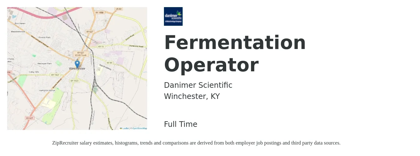 Danimer Scientific job posting for a Fermentation Operator in Winchester, KY with a salary of $14 to $18 Hourly with a map of Winchester location.