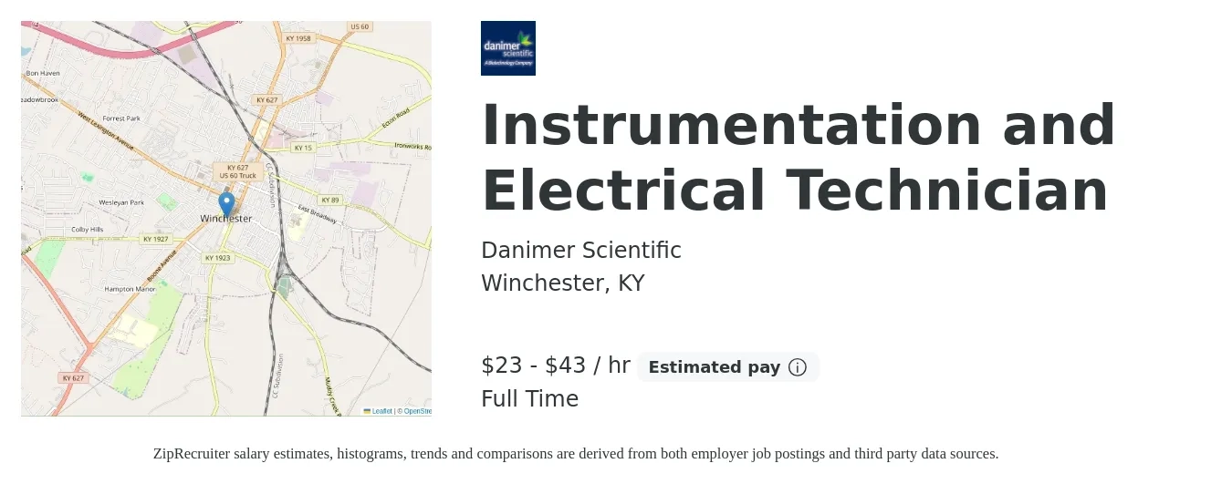 Danimer Scientific job posting for a Instrumentation and Electrical Technician in Winchester, KY with a salary of $24 to $45 Hourly with a map of Winchester location.