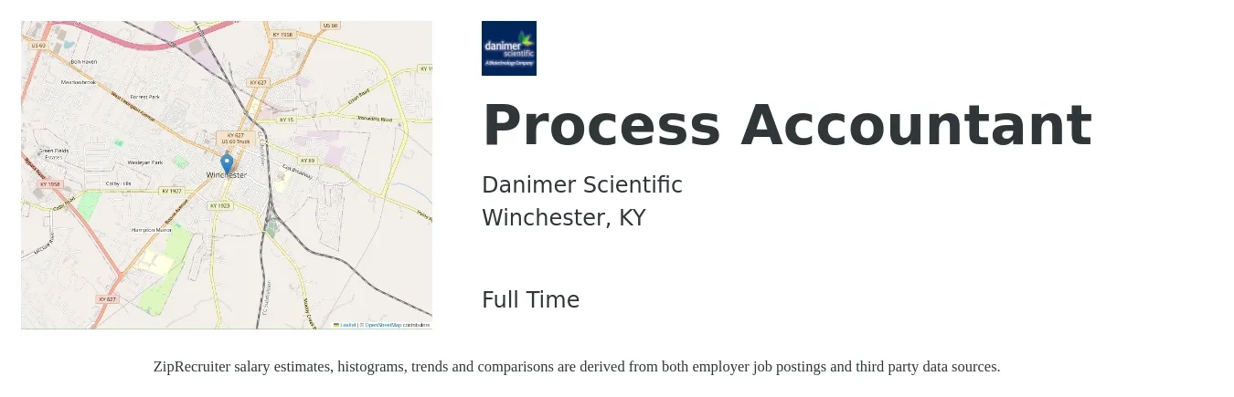 Danimer Scientific job posting for a Process Accountant in Winchester, KY with a salary of $19 to $26 Hourly with a map of Winchester location.