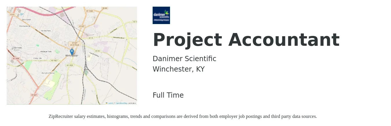 Danimer Scientific job posting for a Project Accountant in Winchester, KY with a salary of $52,700 to $69,100 Yearly with a map of Winchester location.