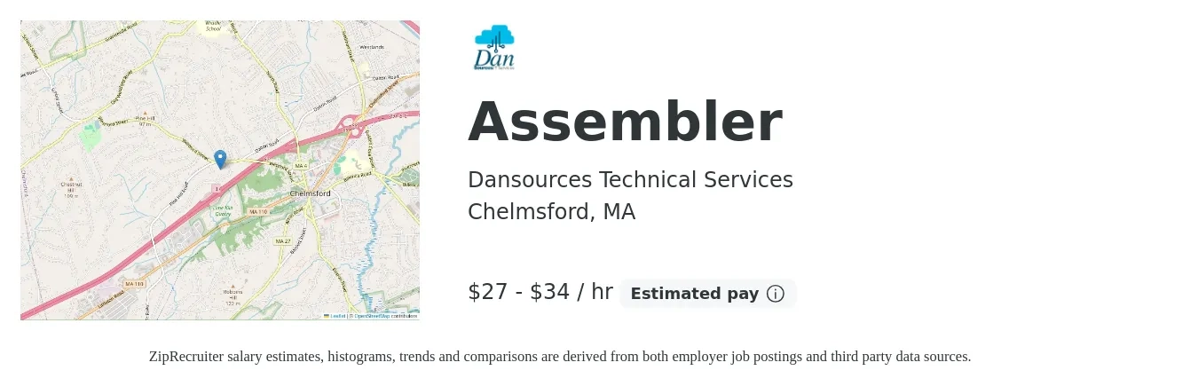 Dansources Technical Services job posting for a Assembler in Chelmsford, MA with a salary of $29 to $36 Hourly with a map of Chelmsford location.