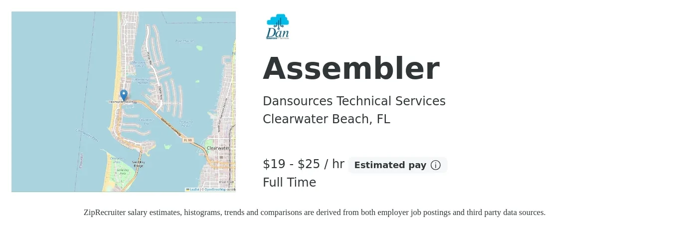 Dansources Technical Services job posting for a Assembler in Clearwater Beach, FL with a salary of $22 to $30 Hourly with a map of Clearwater Beach location.