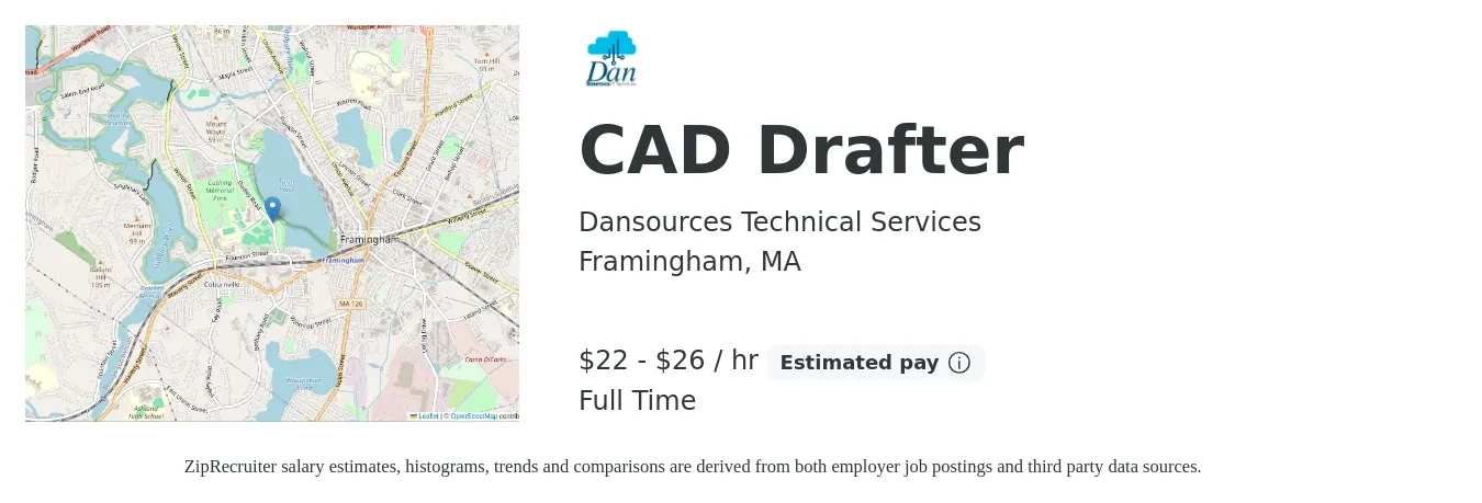 Dansources Technical Services job posting for a CAD Drafter in Framingham, MA with a salary of $23 to $28 Hourly with a map of Framingham location.