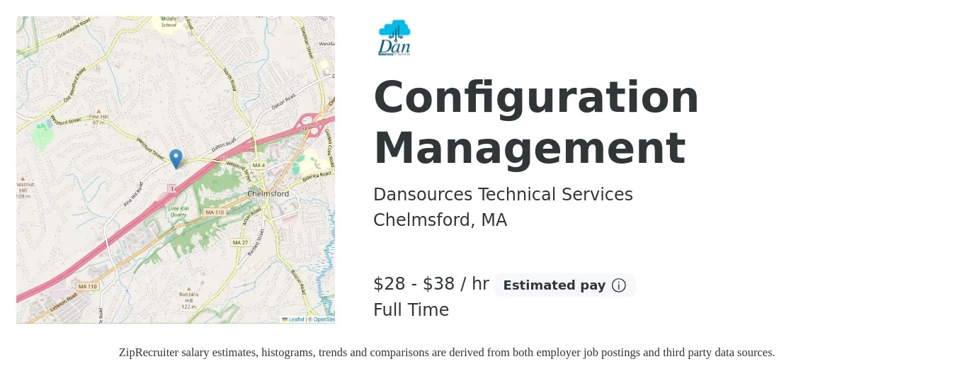 Dansources Technical Services job posting for a Configuration Management in Chelmsford, MA with a salary of $30 to $40 Hourly with a map of Chelmsford location.