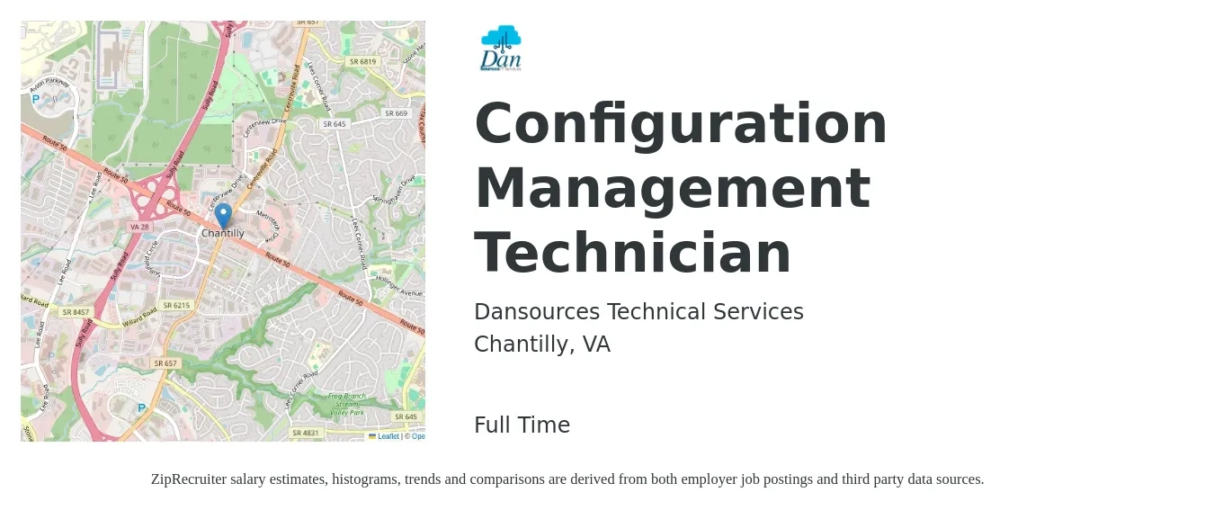Dansources Technical Services job posting for a Configuration Management Technician in Chantilly, VA with a salary of $18 to $20 Hourly with a map of Chantilly location.