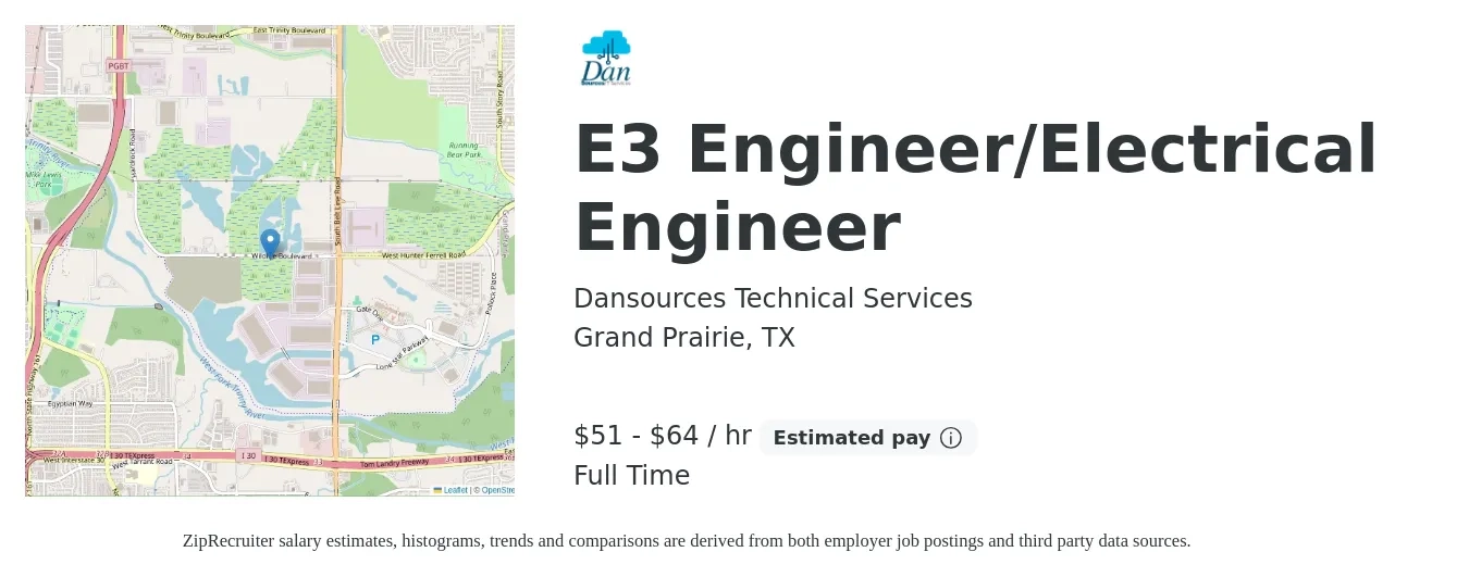 Dansources Technical Services job posting for a E3 Engineer/Electrical Engineer in Grand Prairie, TX with a salary of $54 to $67 Hourly with a map of Grand Prairie location.