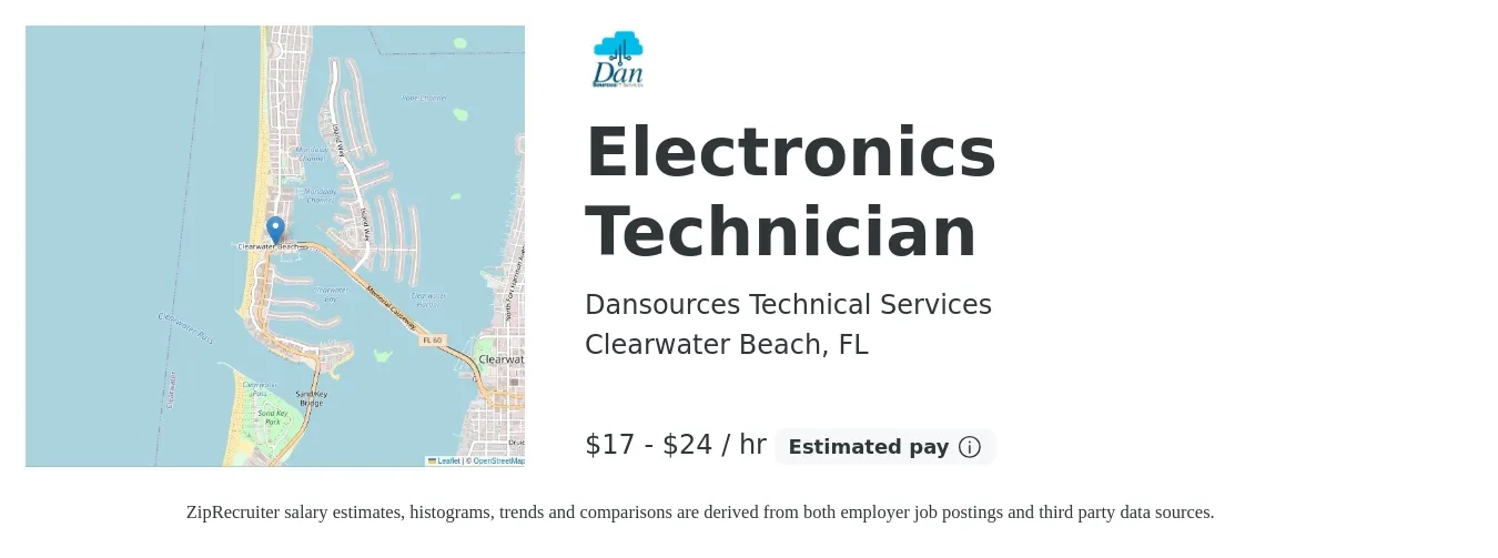 Dansources Technical Services job posting for a Electronics Technician in Clearwater Beach, FL with a salary of $19 to $28 Hourly with a map of Clearwater Beach location.