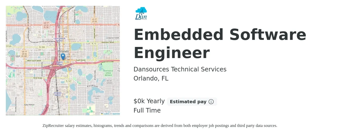 Dansources Technical Services job posting for a Embedded Software Engineer in Orlando, FL with a salary of $45 to $83 Yearly with a map of Orlando location.