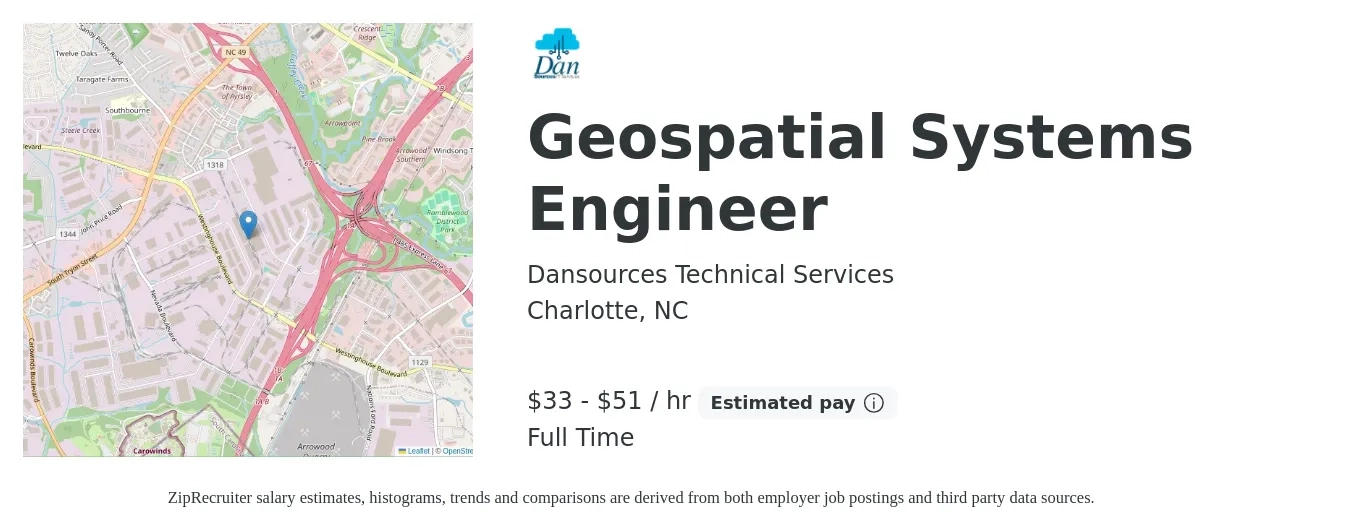 Dansources Technical Services job posting for a Geospatial Systems Engineer in Charlotte, NC with a salary of $35 to $54 Hourly with a map of Charlotte location.