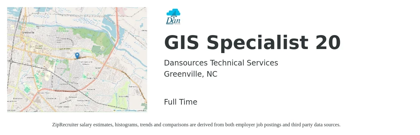 Dansources Technical Services job posting for a GIS Specialist 20 in Greenville, NC with a salary of $51,700 to $79,500 Yearly with a map of Greenville location.