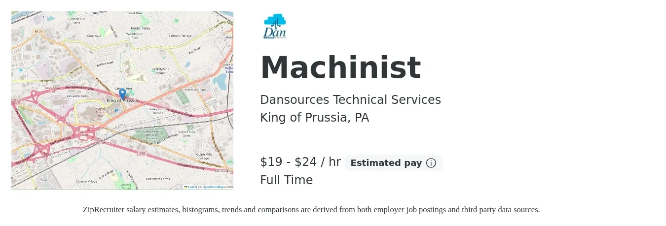 Dansources Technical Services job posting for a Machinist in King of Prussia, PA with a salary of $20 to $25 Hourly with a map of King of Prussia location.