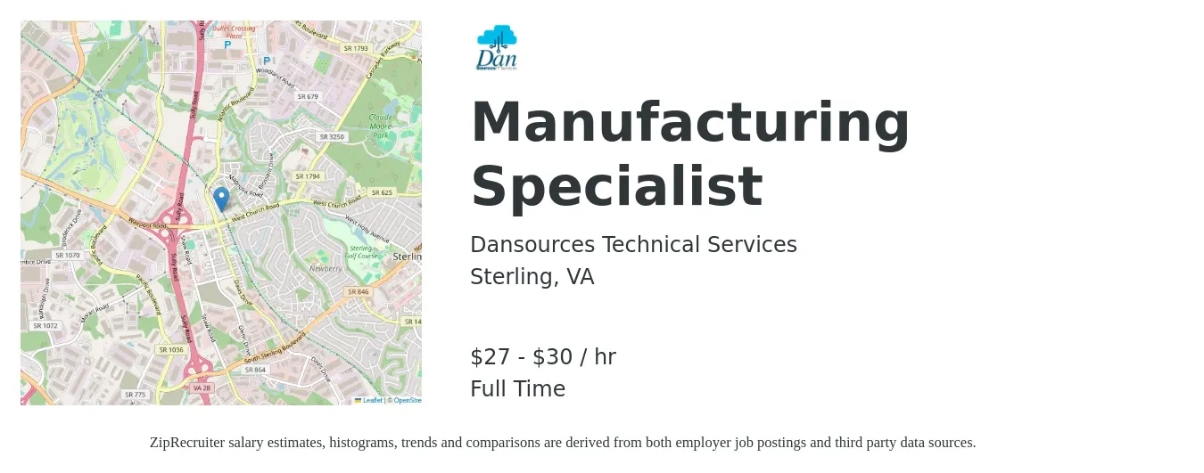Dansources Technical Services job posting for a Manufacturing Specialist in Sterling, VA with a salary of $29 to $32 Hourly with a map of Sterling location.