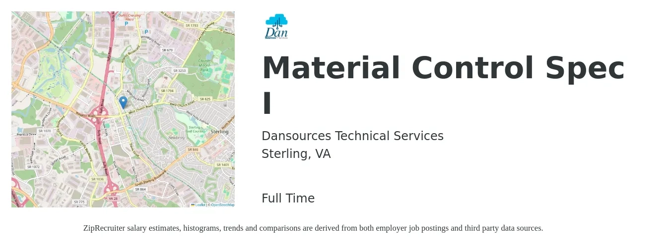 Dansources Technical Services job posting for a Material Control Spec I in Sterling, VA with a salary of $19 to $36 Hourly with a map of Sterling location.