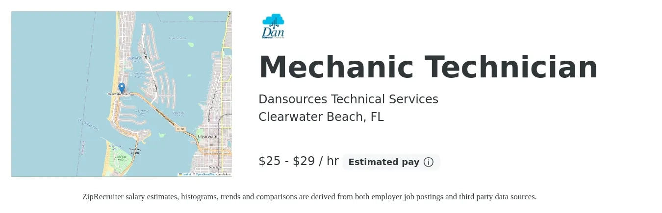 Dansources Technical Services job posting for a Mechanic Technician in Clearwater Beach, FL with a salary of $26 to $31 Hourly with a map of Clearwater Beach location.