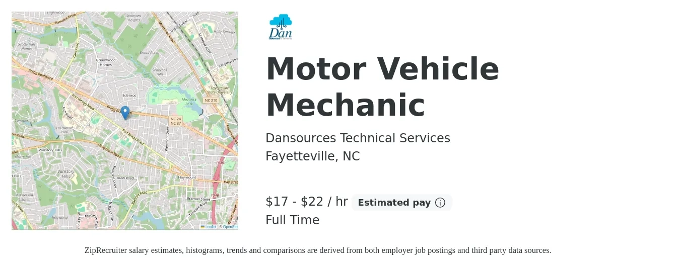 Dansources Technical Services job posting for a Motor Vehicle Mechanic in Fayetteville, NC with a salary of $18 to $23 Hourly with a map of Fayetteville location.