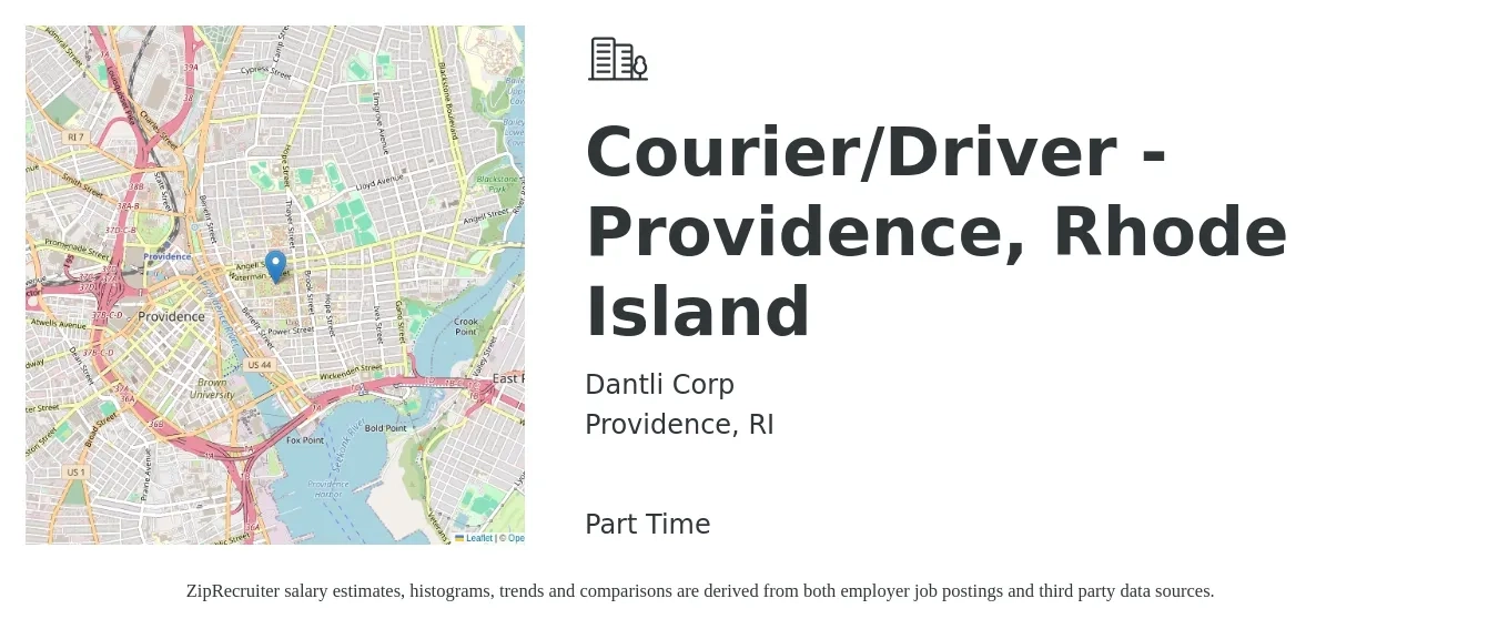 Dantli Corp job posting for a Courier/Driver - Providence, Rhode Island in Providence, RI with a salary of $155 to $470 Daily with a map of Providence location.
