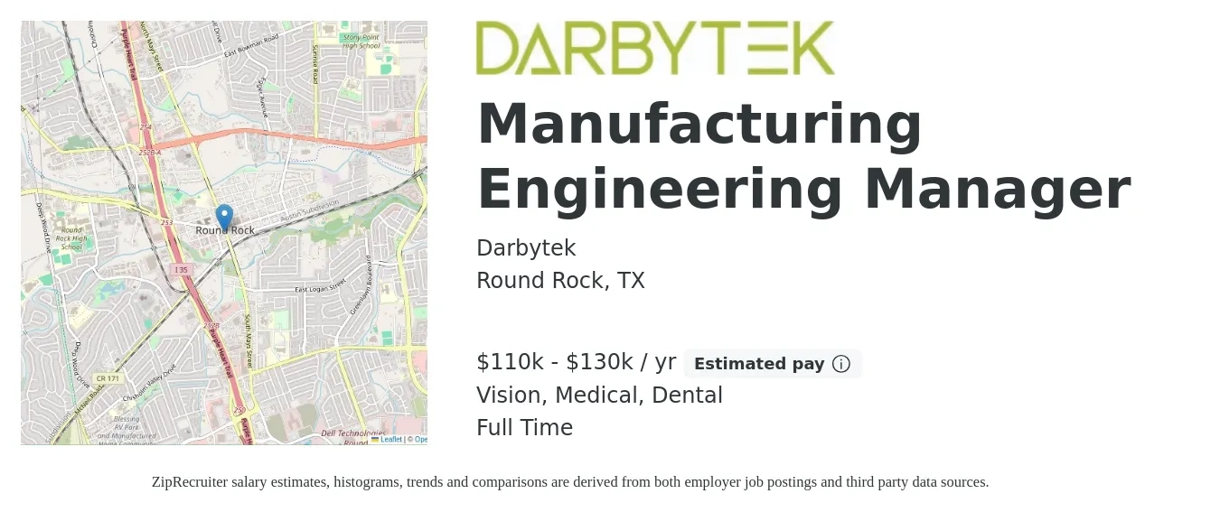 Darbytek job posting for a Manufacturing Engineering Manager in Round Rock, TX with a salary of $110,000 to $130,000 Yearly and benefits including dental, life_insurance, medical, retirement, and vision with a map of Round Rock location.
