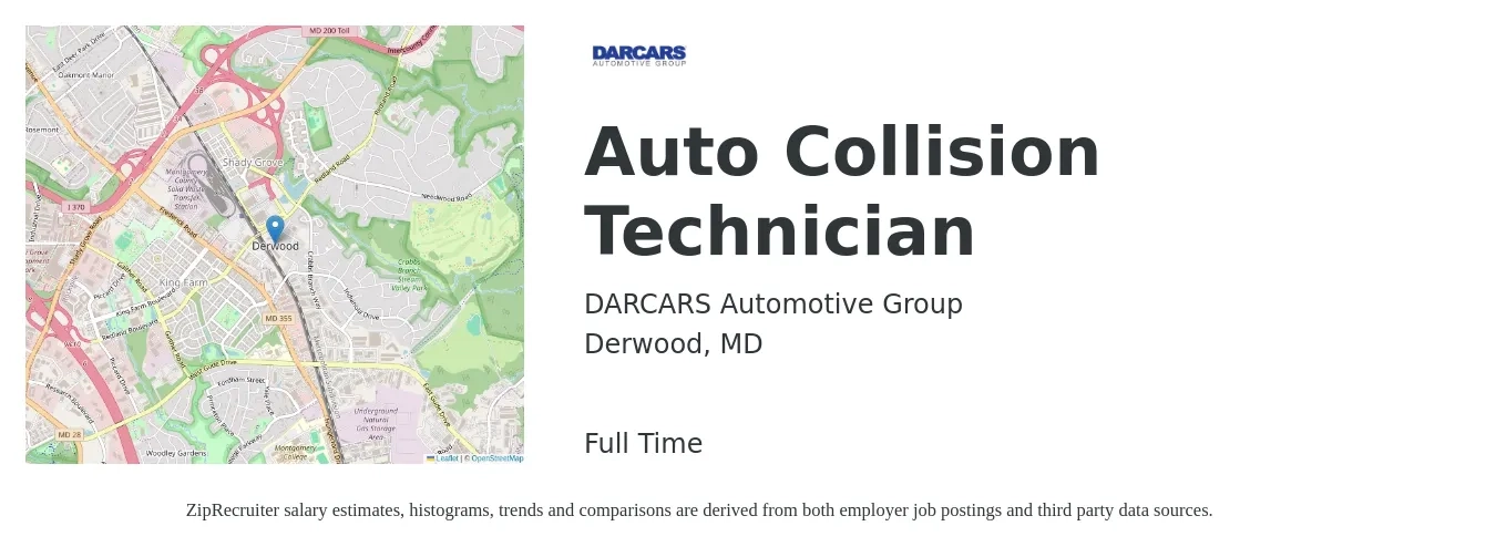 DARCARS Automotive Group job posting for a Auto Collision Technician in Derwood, MD with a salary of $24 to $36 Hourly with a map of Derwood location.