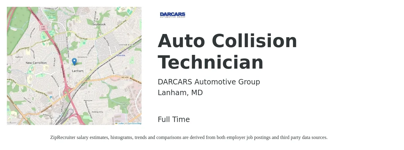 DARCARS Automotive Group job posting for a Auto Collision Technician in Lanham, MD with a salary of $21 to $33 Hourly with a map of Lanham location.