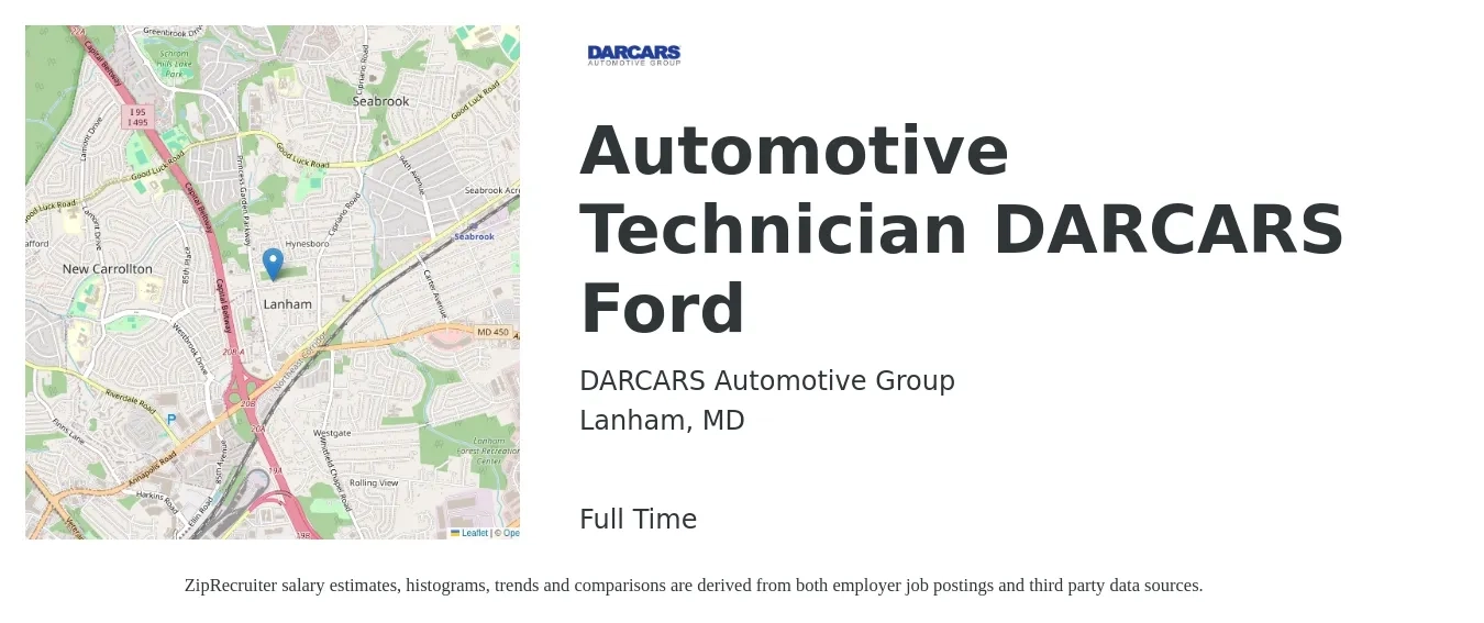 DARCARS Automotive Group job posting for a Automotive Technician DARCARS Ford in Lanham, MD with a salary of $22 to $35 Hourly with a map of Lanham location.
