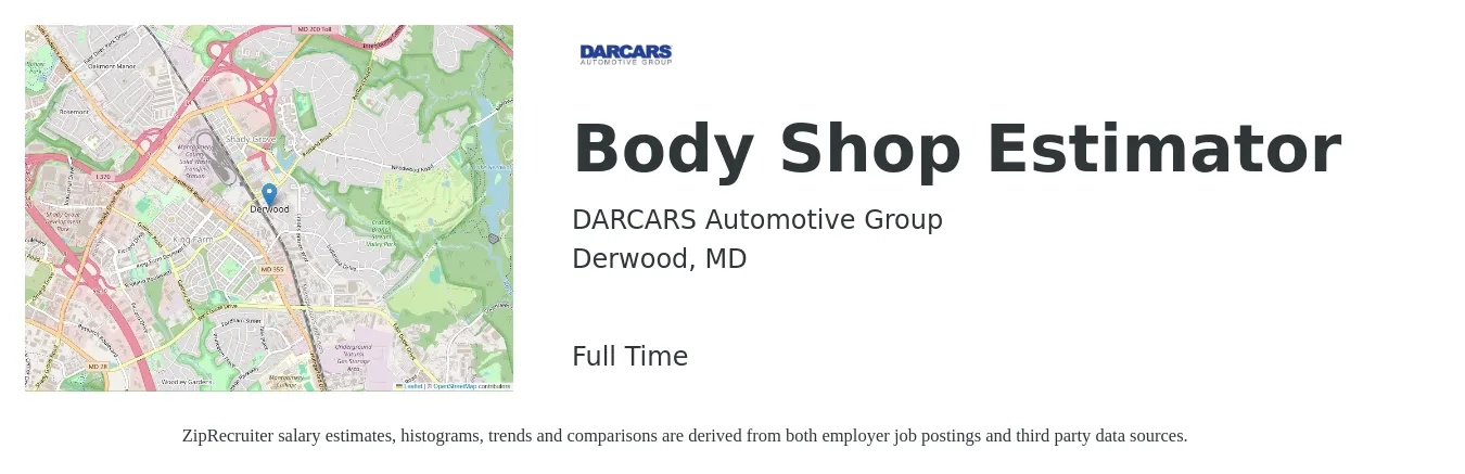 DARCARS Automotive Group job posting for a Body Shop Estimator in Derwood, MD with a salary of $52,400 to $80,700 Yearly with a map of Derwood location.