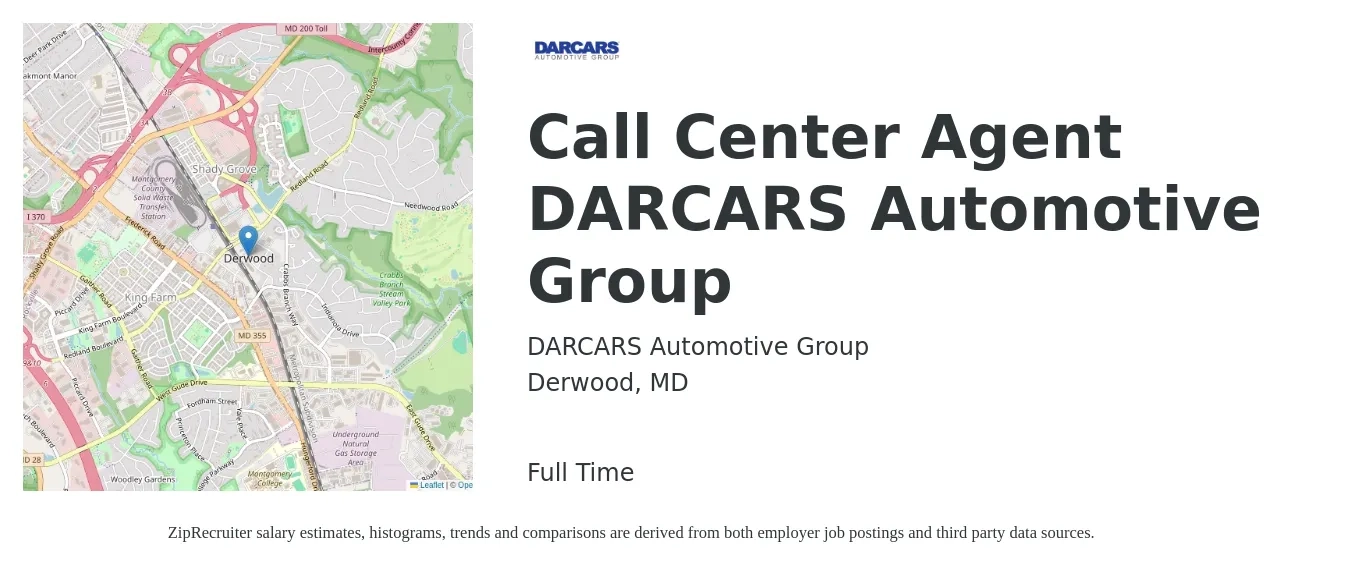 DARCARS Automotive Group job posting for a Call Center Agent DARCARS Automotive Group in Derwood, MD with a salary of $16 to $21 Hourly with a map of Derwood location.