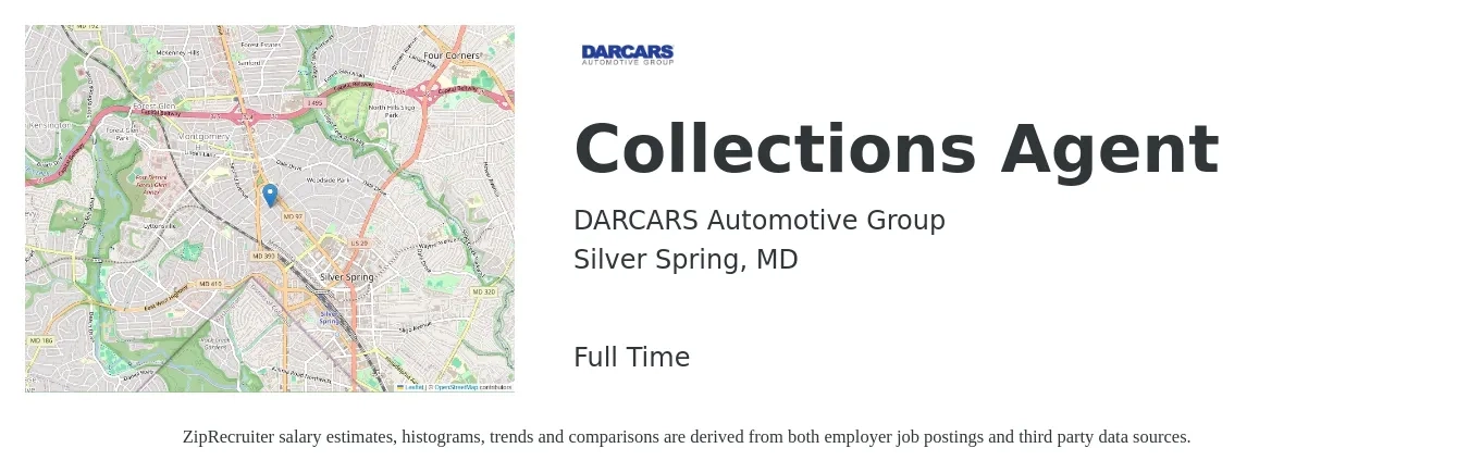 DARCARS Automotive Group job posting for a Collections Agent in Silver Spring, MD with a salary of $16 to $22 Hourly with a map of Silver Spring location.