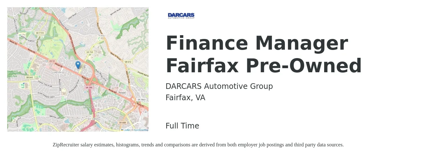 DARCARS Automotive Group job posting for a Finance Manager Fairfax Pre-Owned in Fairfax, VA with a salary of $71,700 to $157,100 Yearly with a map of Fairfax location.