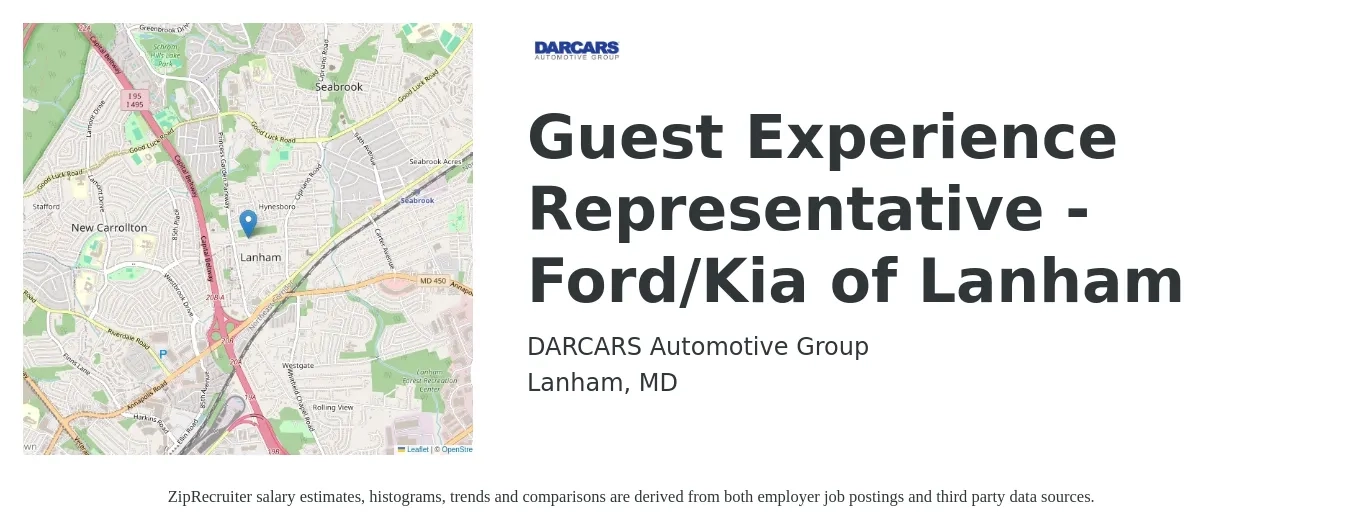 DARCARS Automotive Group job posting for a Guest Experience Representative - Ford/Kia of Lanham in Lanham, MD with a salary of $12 to $15 Hourly with a map of Lanham location.