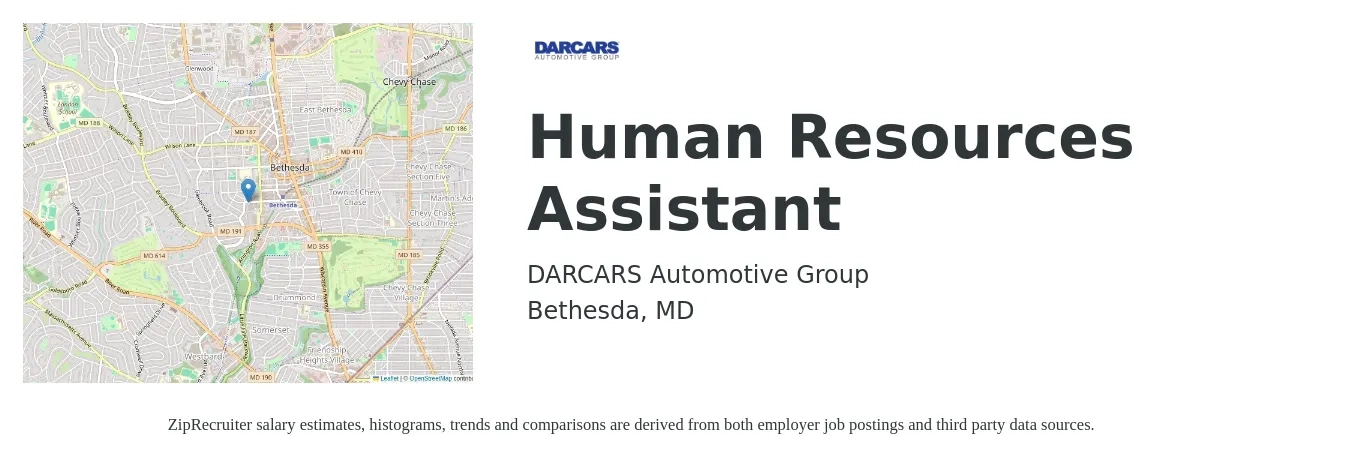 DARCARS Automotive Group job posting for a Human Resources Assistant in Bethesda, MD with a salary of $40,200 to $51,400 Yearly with a map of Bethesda location.