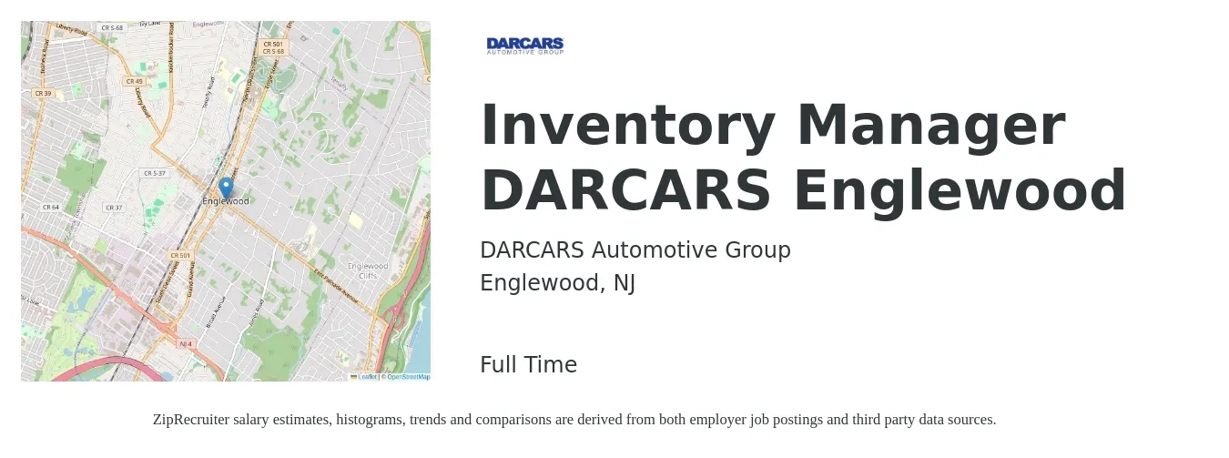 DARCARS Automotive Group job posting for a Inventory Manager DARCARS Englewood in Englewood, NJ with a salary of $42,000 to $67,200 Yearly with a map of Englewood location.