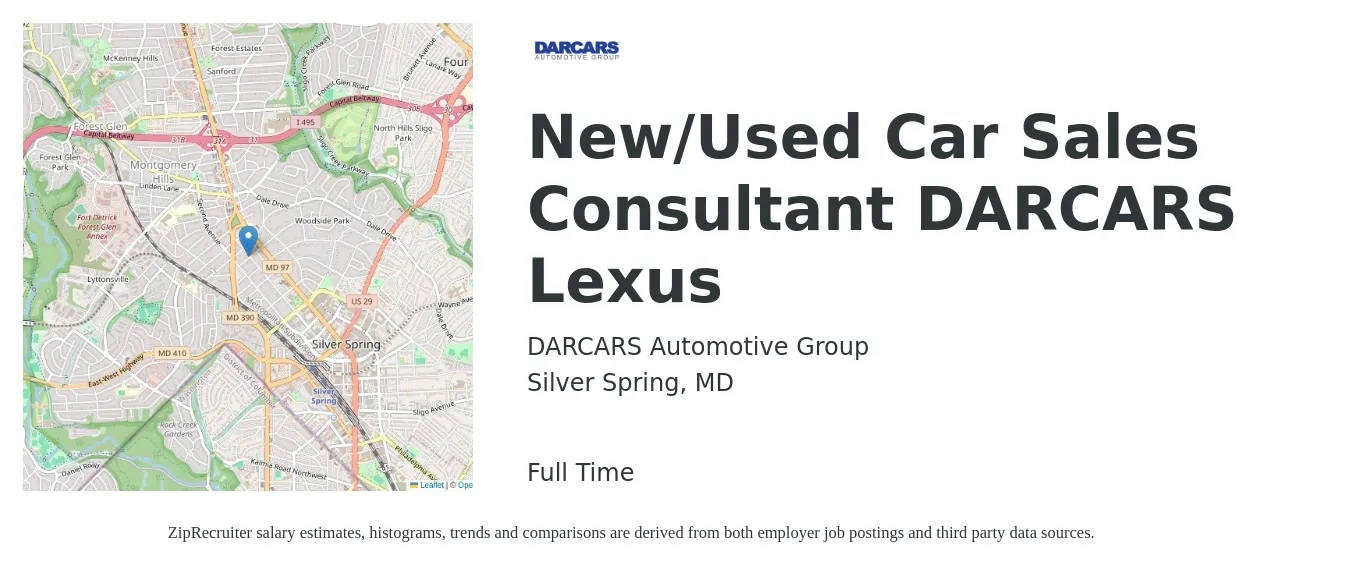 DARCARS Automotive Group job posting for a New/Used Car Sales Consultant DARCARS Lexus in Silver Spring, MD with a salary of $42,300 to $82,400 Yearly with a map of Silver Spring location.