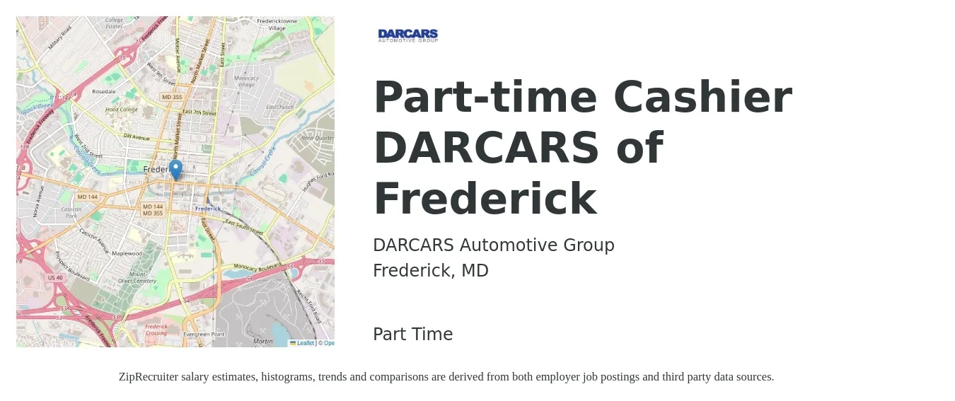 DARCARS Automotive Group job posting for a Part-time Cashier DARCARS of Frederick in Frederick, MD with a salary of $15 to $18 Hourly with a map of Frederick location.