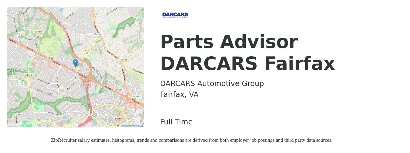DARCARS Automotive Group job posting for a Parts Advisor DARCARS Fairfax in Fairfax, VA with a salary of $19 to $29 Hourly with a map of Fairfax location.