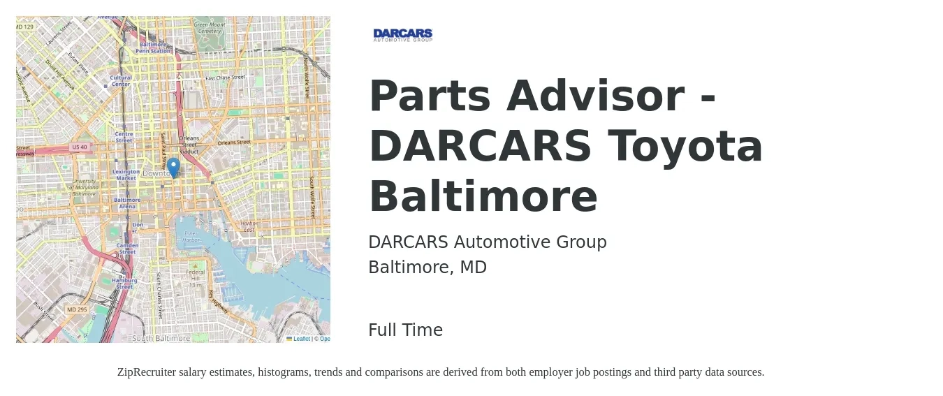 DARCARS Automotive Group job posting for a Parts Advisor - DARCARS Toyota Baltimore in Baltimore, MD with a salary of $18 to $28 Hourly with a map of Baltimore location.